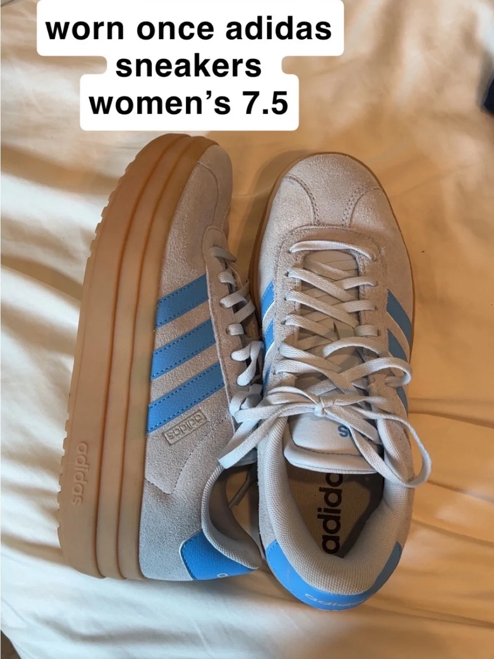 adidas Women's Light Gray and Blue Platform Sneakers with Gum Sole